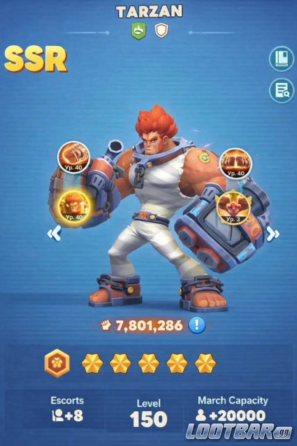 Тарзан в интерфейсе героя в Tiles Survive - характеристики, фракция и роль в команде