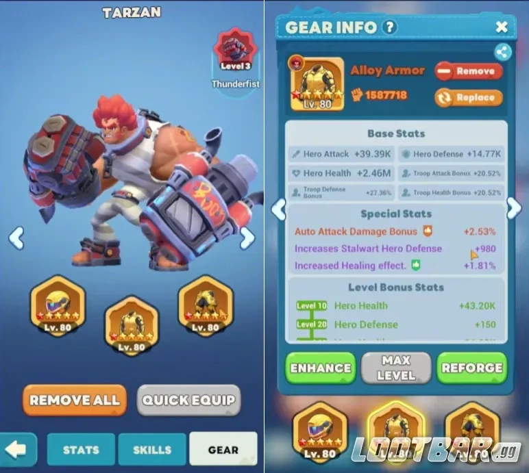 Экипировка Тарзана и ключевые характеристики - бонус к навыкам, автоатака и лечение