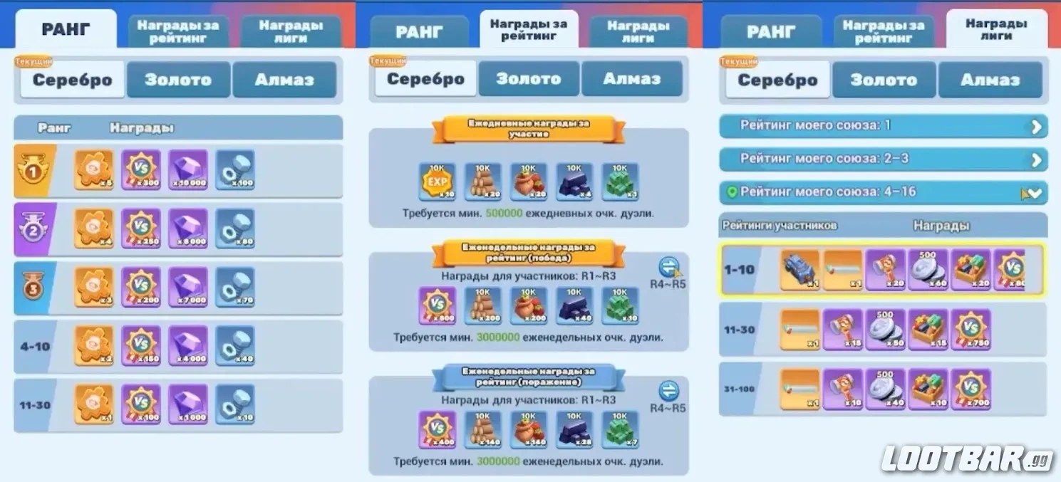 Ежедневные награды, недельные награды и награды по лиге в Дуэли союза Tiles Survive