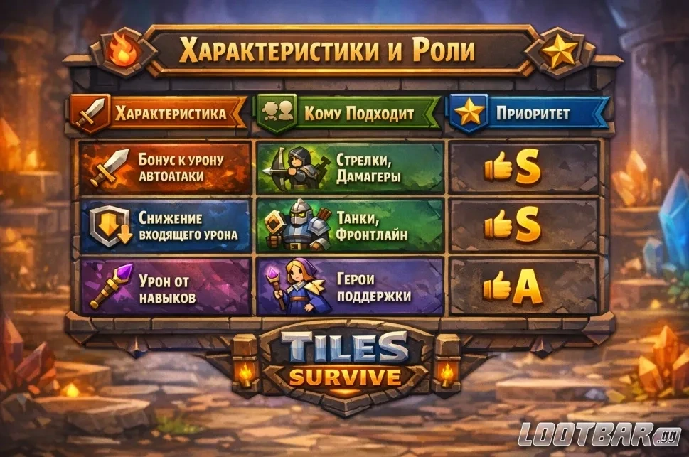 Наиболее ценные характеристики и рекомендациями по их применению для героев Tiles Survive