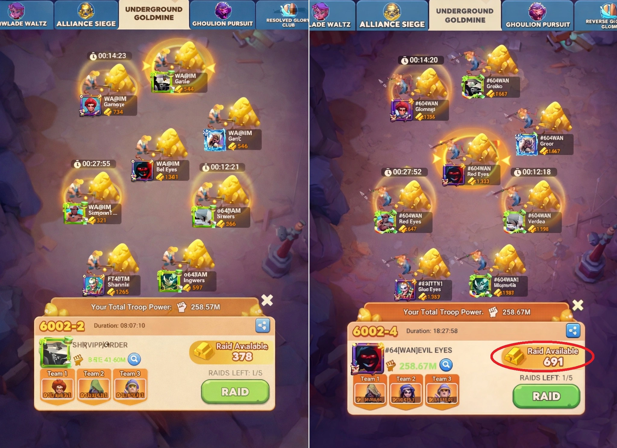 Интерфейс выбора соперника для атаки шахты с наибольшим колличеством золота