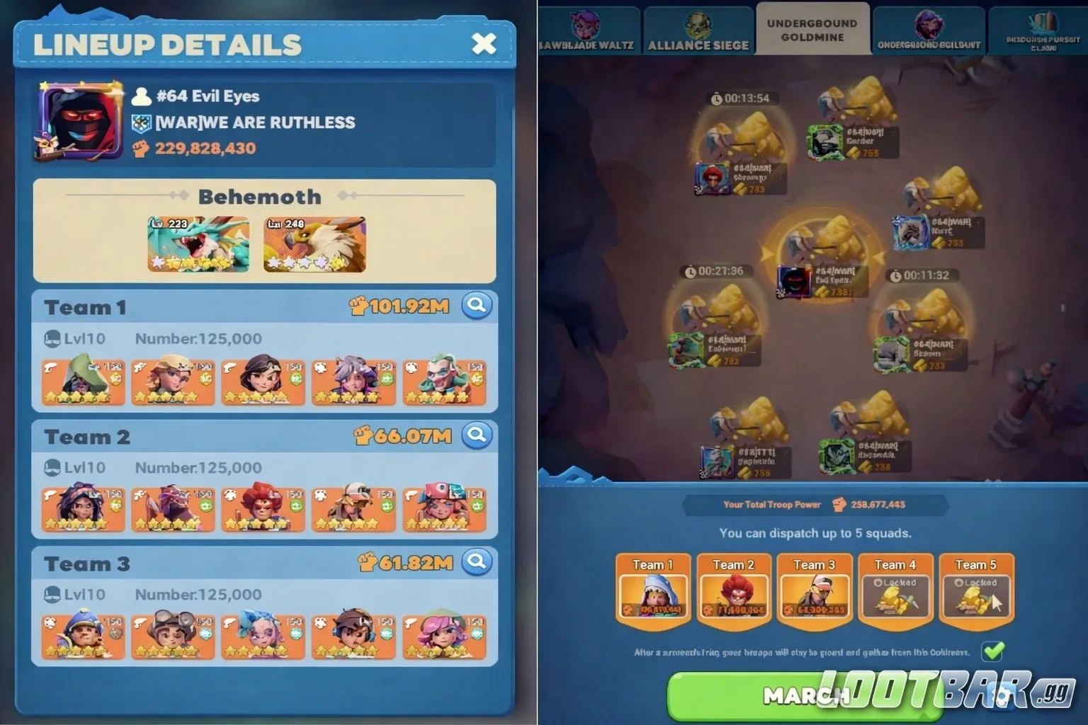 Интерфейс выбора нескольких отрядов для атаки шахты с возможностью настройки и контра фракций