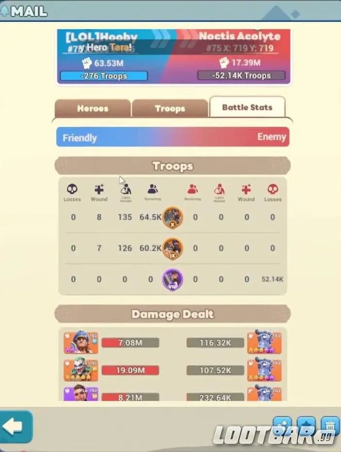 Боевой отчёт в Tiles Survive с разделением на раненых и легко раненых войск