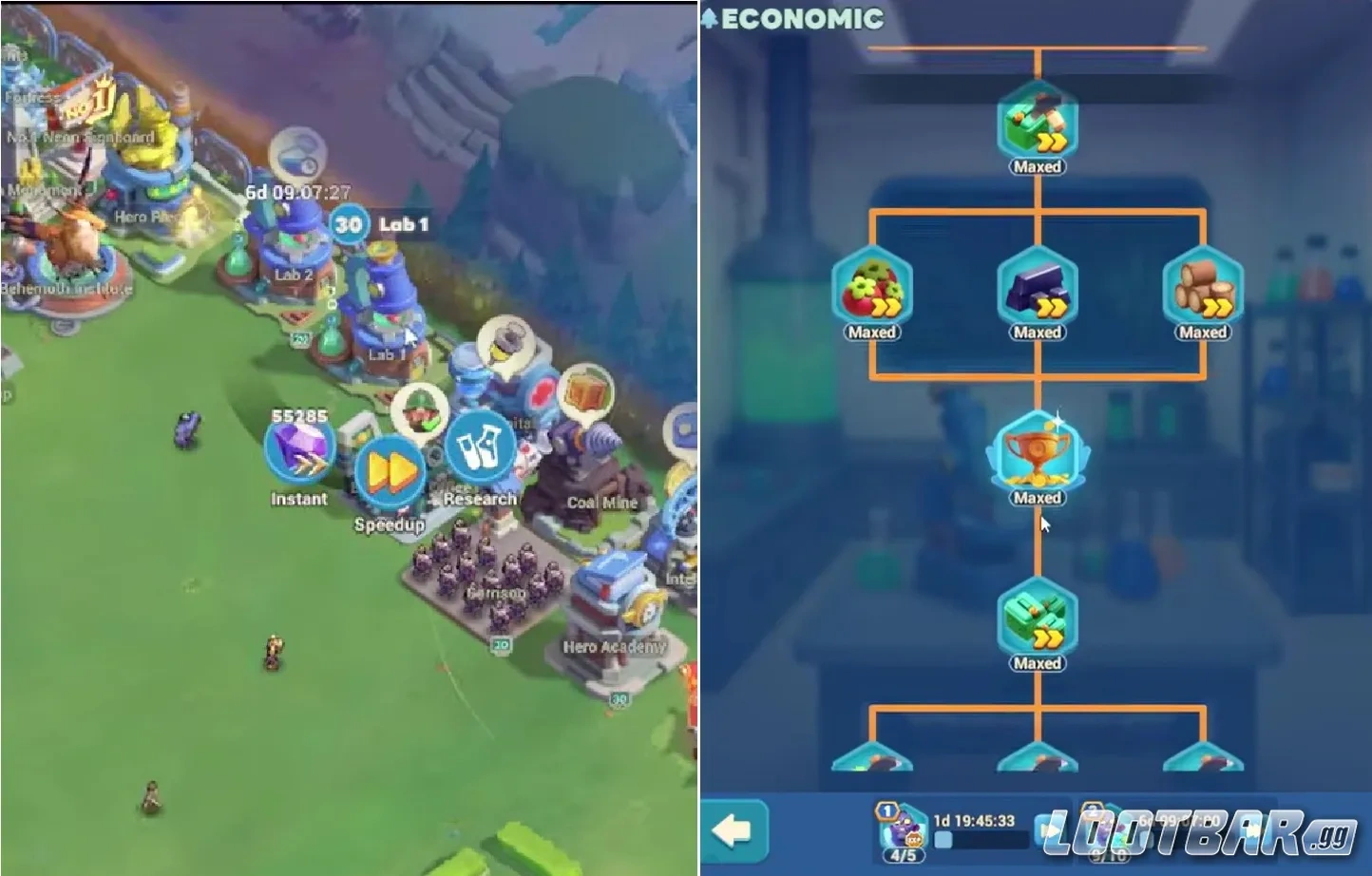 Ветка исследований экономики в Tiles Survive с бонусами к ресурсам и снижением затрат