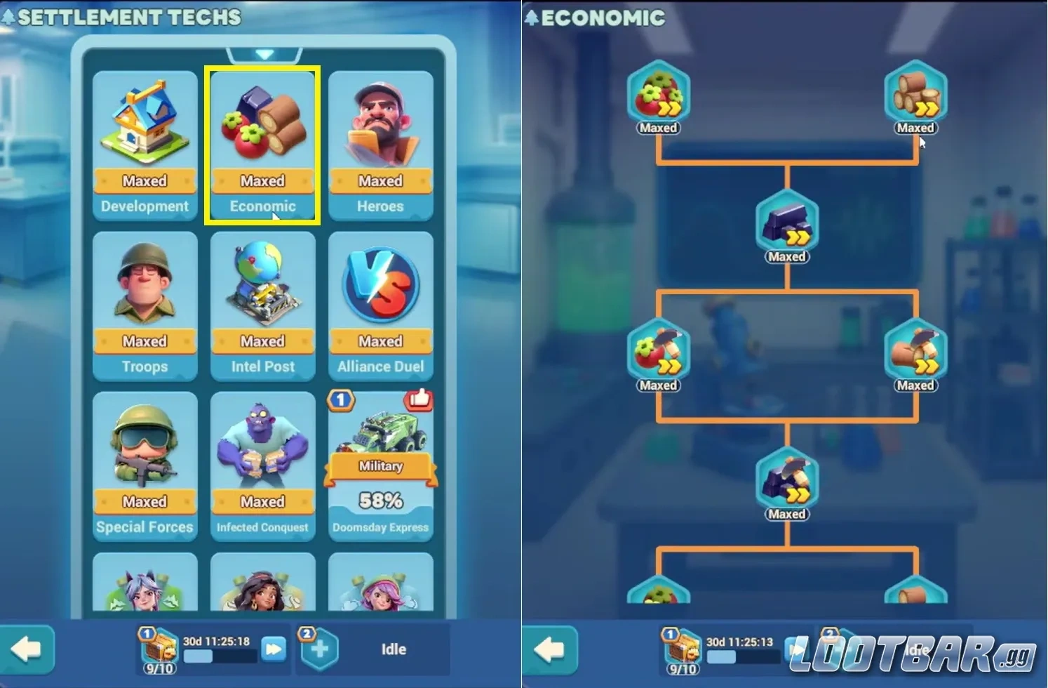 Дерево технологий Tiles Survive с базовыми ветками - экономика, развитие, герои и войска