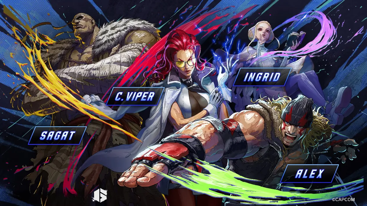 Street Fighter 6 DLC characters collage: Sagat, C. Viper, Alex, Ingrid