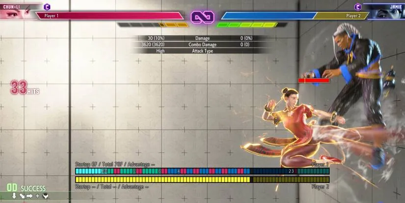 Street Fighter 6 training mode screenshot showing frame data and Drive Impact practice