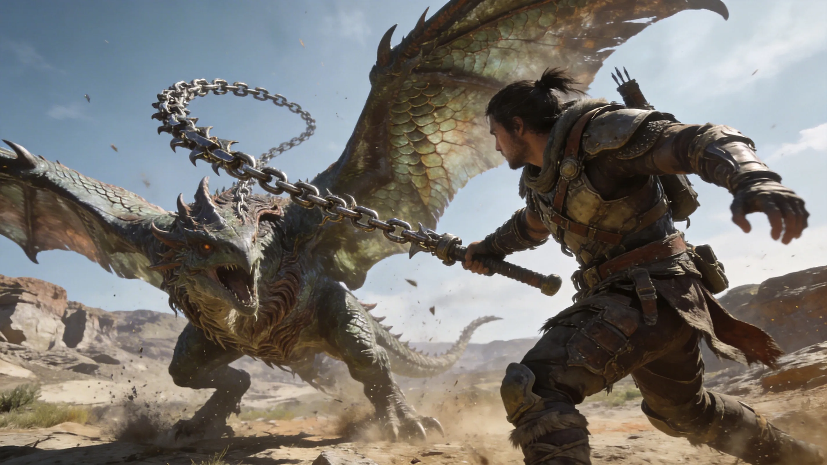 Hunter fighting Arkveld with chainblade wings visible