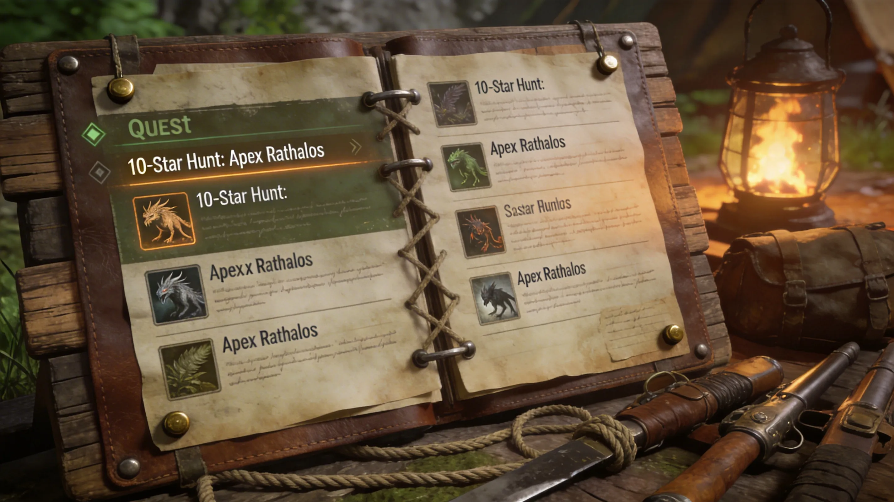 In-game screenshot style image of a 10-star hunt quest board or endgame quest selection screen