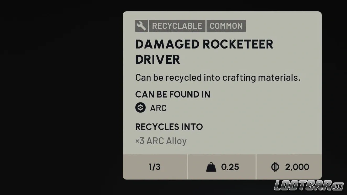 A damaged item in Arc Radiers, and what it will give when recycled.