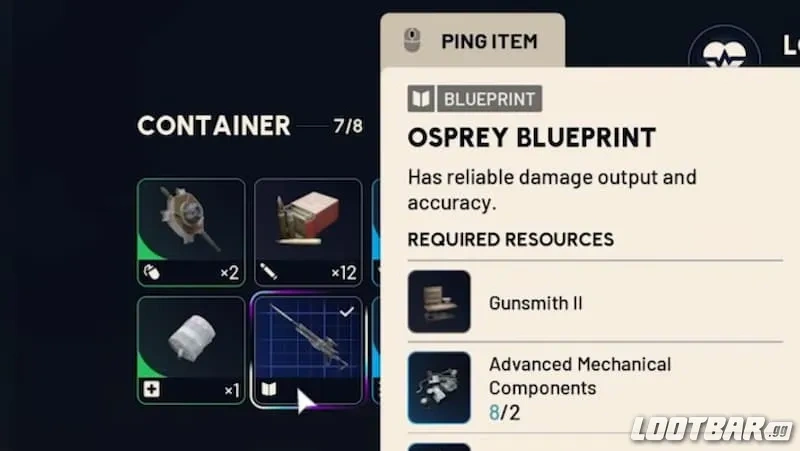 Osprey Blueprint loot in First Wave Container in Arc Raiders.