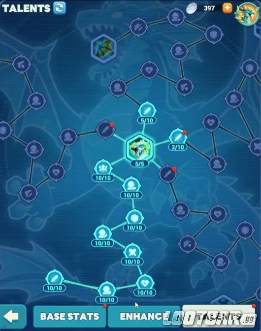 Дерево талантов титана в Tiles Survive с последовательной прокачкой уровней