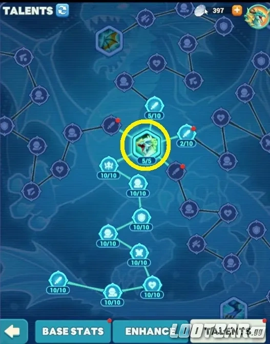 Дерево талантов титана в Tiles Survive с последовательной прокачкой уровней до первого необходимого минимума