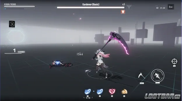 Ayla Brilliance holding her scythe amid battle.