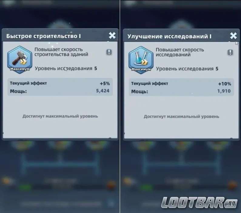 Дерево технологий с приоритетом на ускорение строительства и исследований в Last Asylum: Plague