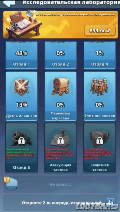 Дерево технологий с приоритетом на дуэль альянсов в Last Asylum: Plague