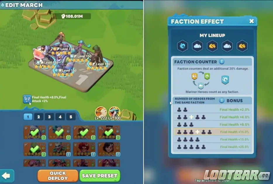 Фракции и контр-пики в Tiles Survive при сборке первого марша на первые 60 дней