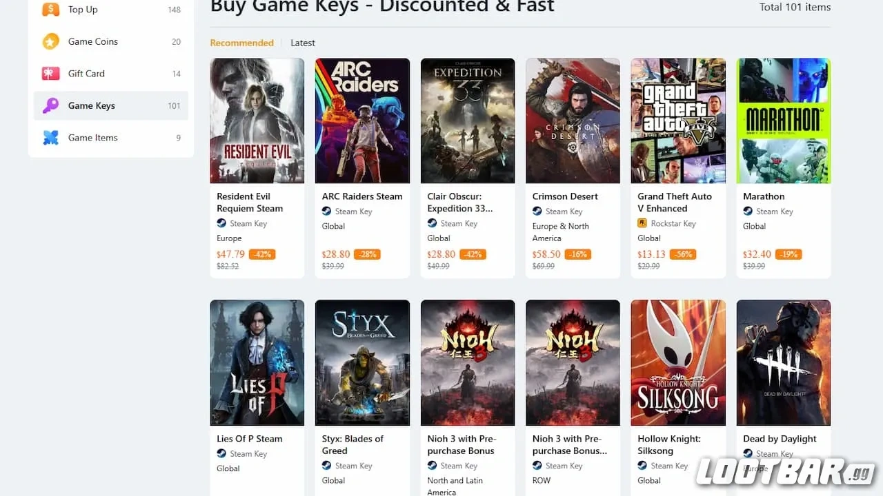 Steam key listings on LootBar