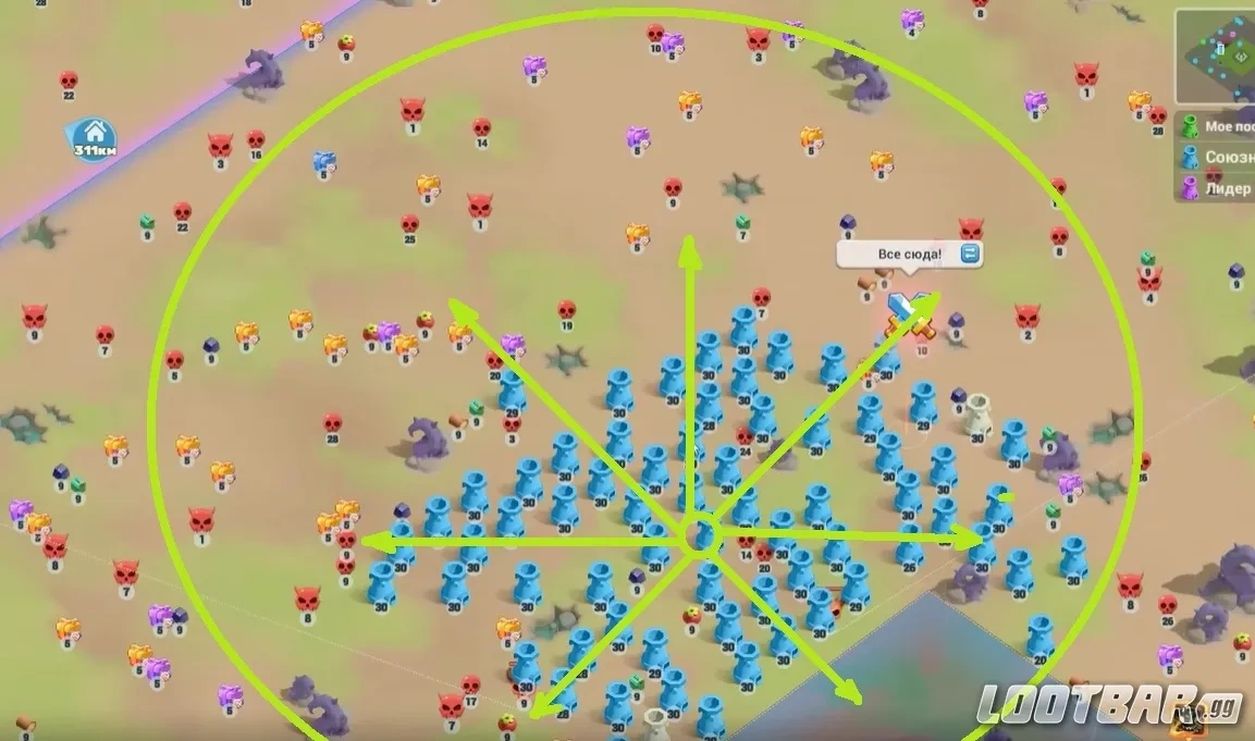 Рассредоточение замков союза по карте во время войны в Tiles Survive