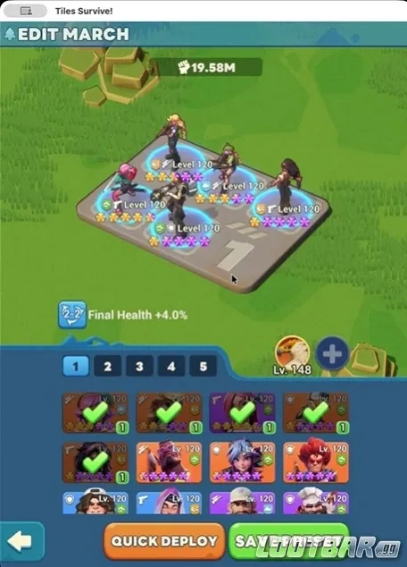 Окно маршей в Tiles Survive, где сохранён один основной боевой отряд