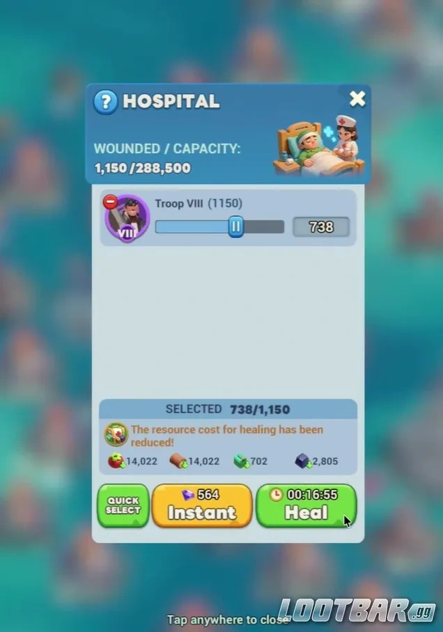 Таймер лечения примерно на 16 минут для регулярной помощи от альянса