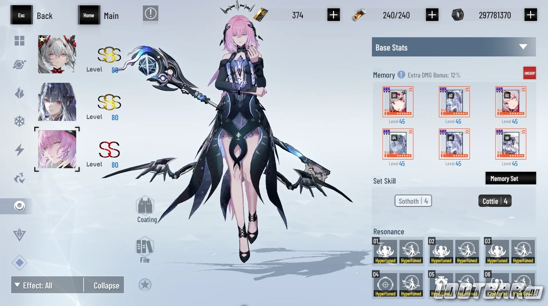 Ishmael: Parhelion build screen in Punishing: Gray Raven showing Memory set configuration