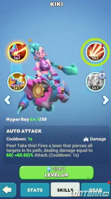 Активный навык Кики в Tiles Survive с зарядкой и мощным лазерным уроном