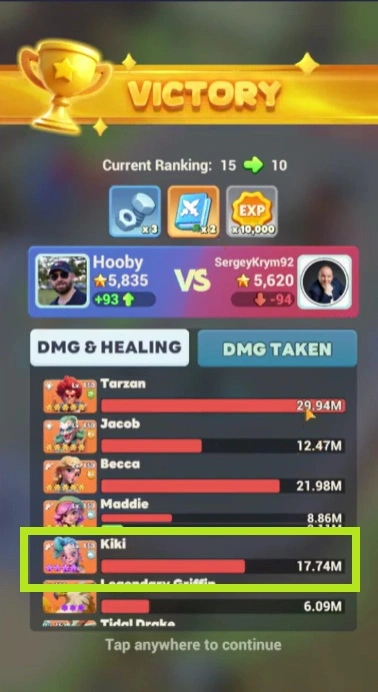 Экран результатов боя в Tiles Survive, где Кики показывает высокий урон