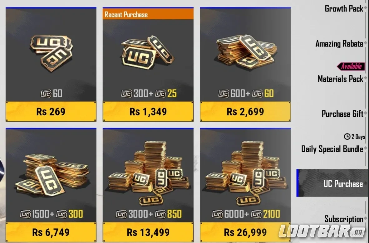 in-game PUBG Mobile UC purchase options