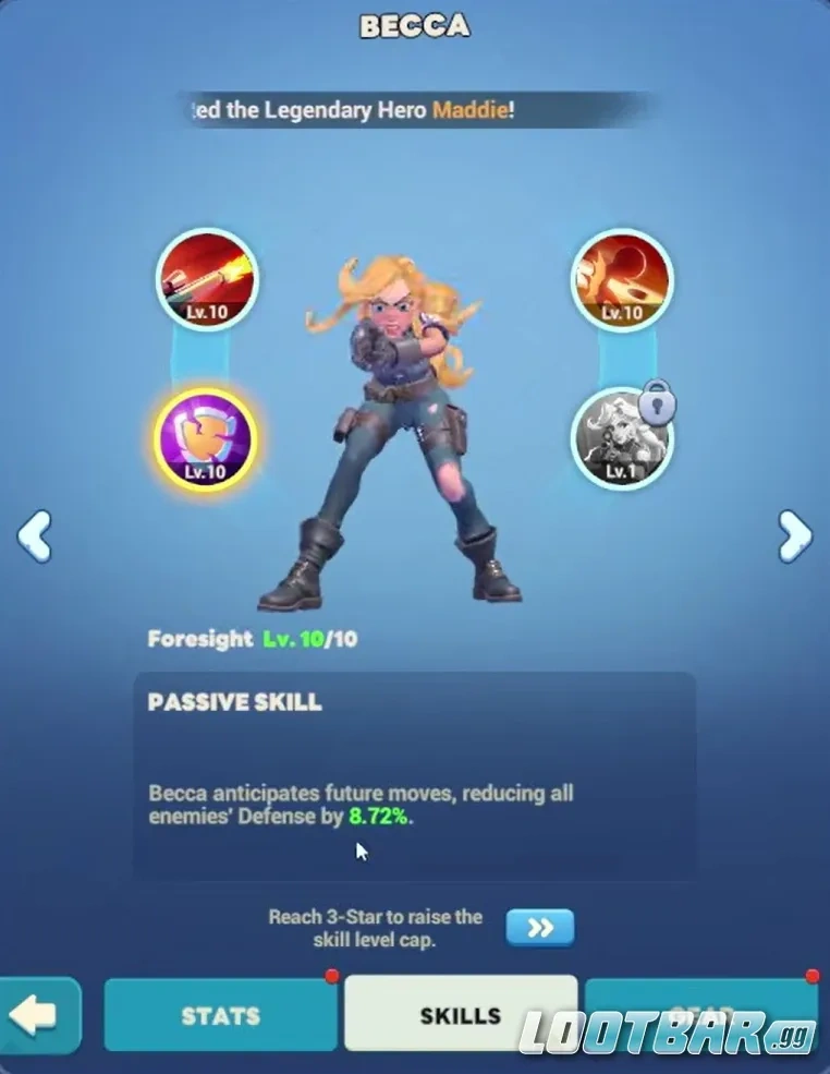 Экран навыков Бэкки в Tiles Survive с акцентом на burst-урон и снижение защиты врагов