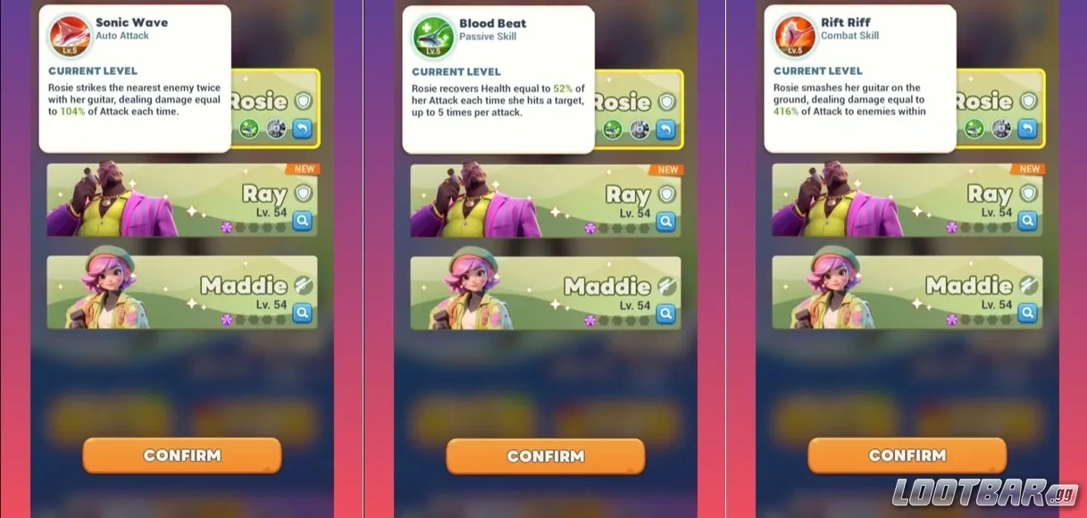 Рози в Tiles Survive, окно героя с акцентом на двойную атаку и самоисцеление