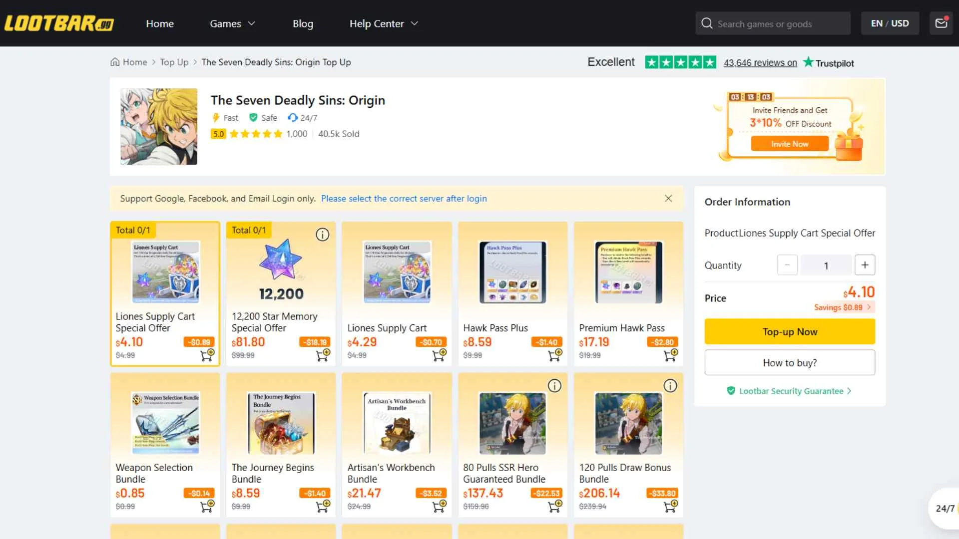 top up The Seven Deadly Sins Origin