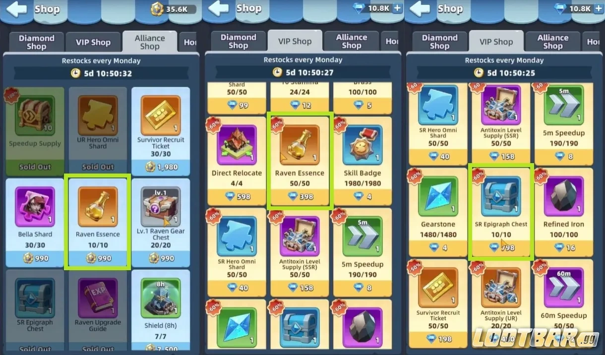 Магазины с ресурсами для Ворона в Last Asylum: Plague - магазин альянса, VIP-магазин