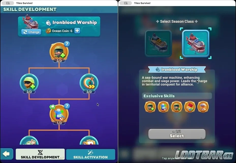 Выбор боевого или ресурсного корабля в Tiles Survive