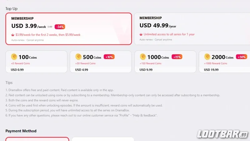 Buying DramaBox coins