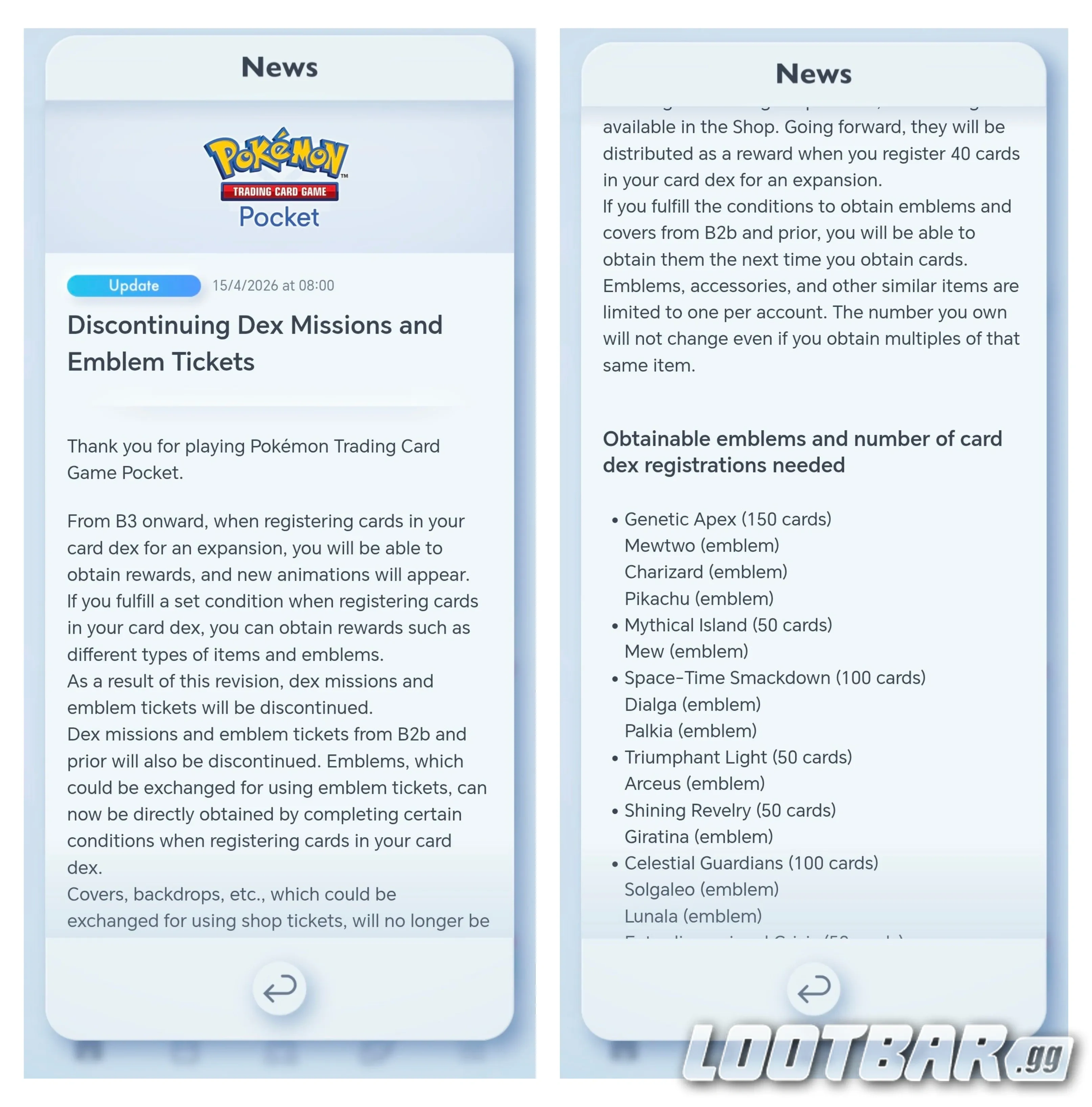 News of Deleted Dex Mission and Emblem Tickets 