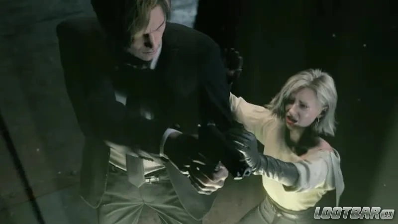 Grace stopping Leon from shooting Emily in Resident Evil Requiem