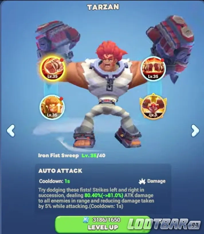 Тарзан в Tiles Survive: герой ближнего боя из фракции Стражей