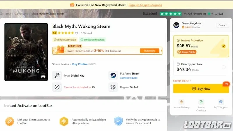 Buying Black Myth Wukong from LootBar