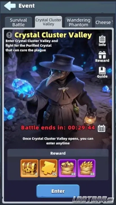 Crystal Cluster в Last Asylum Plague длится 30 минут и проходит несколько раз в день