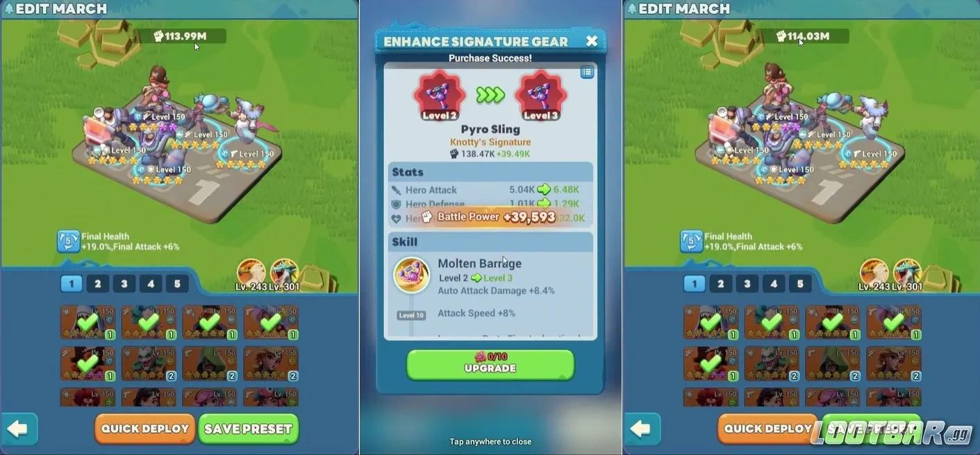 Прирост урона после улучшения Signature Gear в Tiles Survive