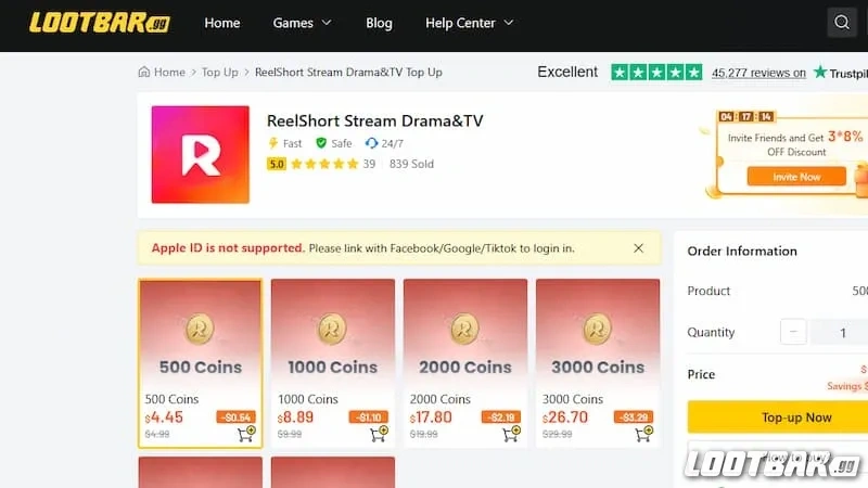 Buying ReelShort coins from LootBar