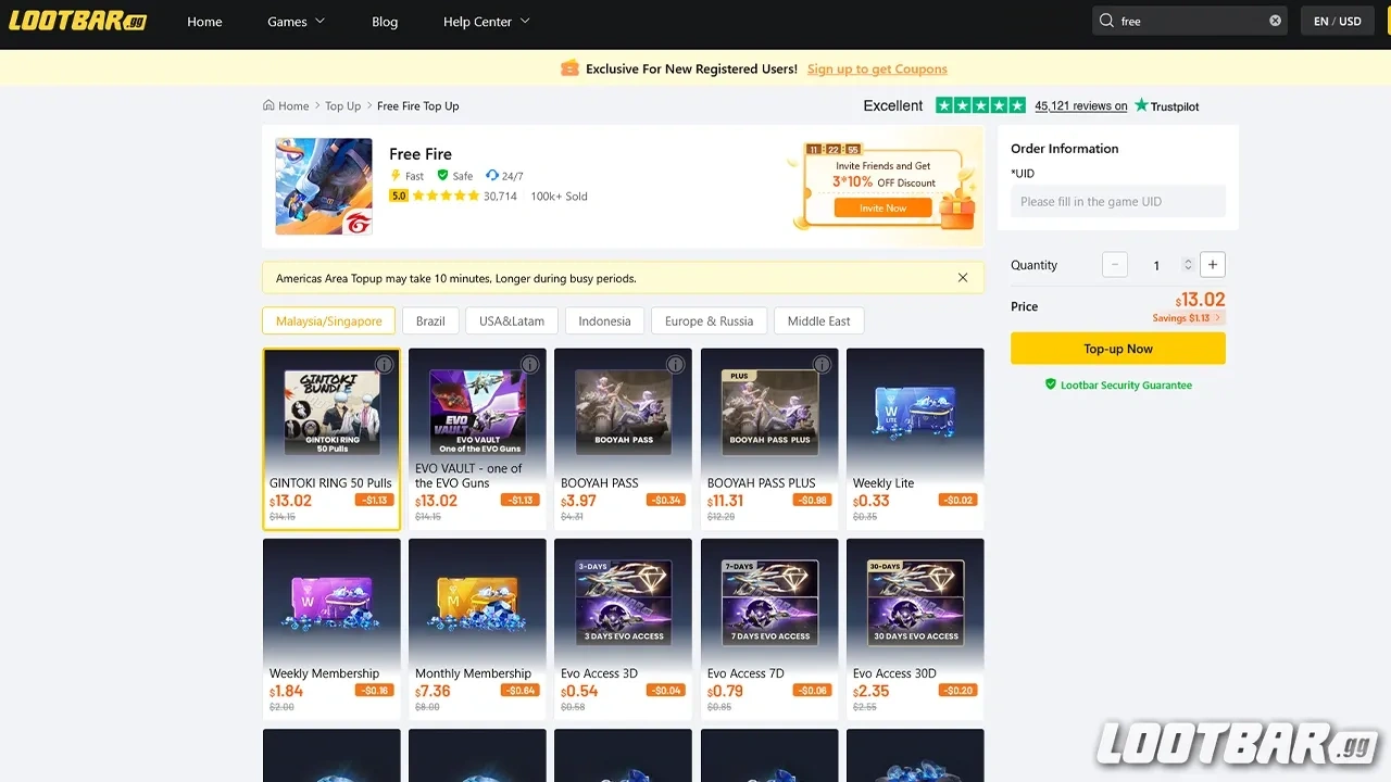 Free Fire LootBar page
