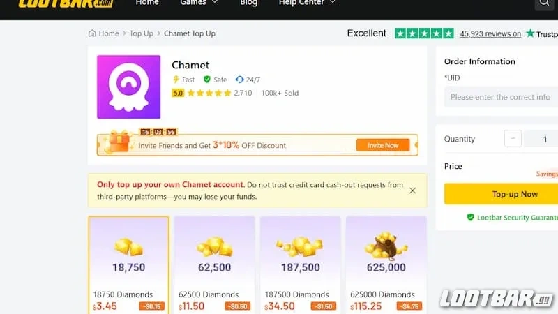 Lootbar's chamet top up page