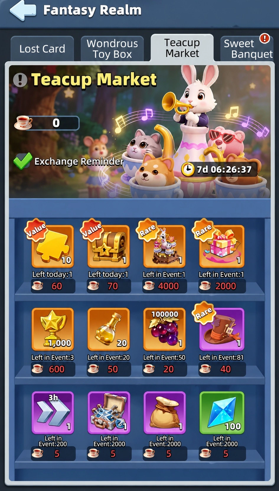 Магазин Teacup Market с наградами события Fantasy Realm