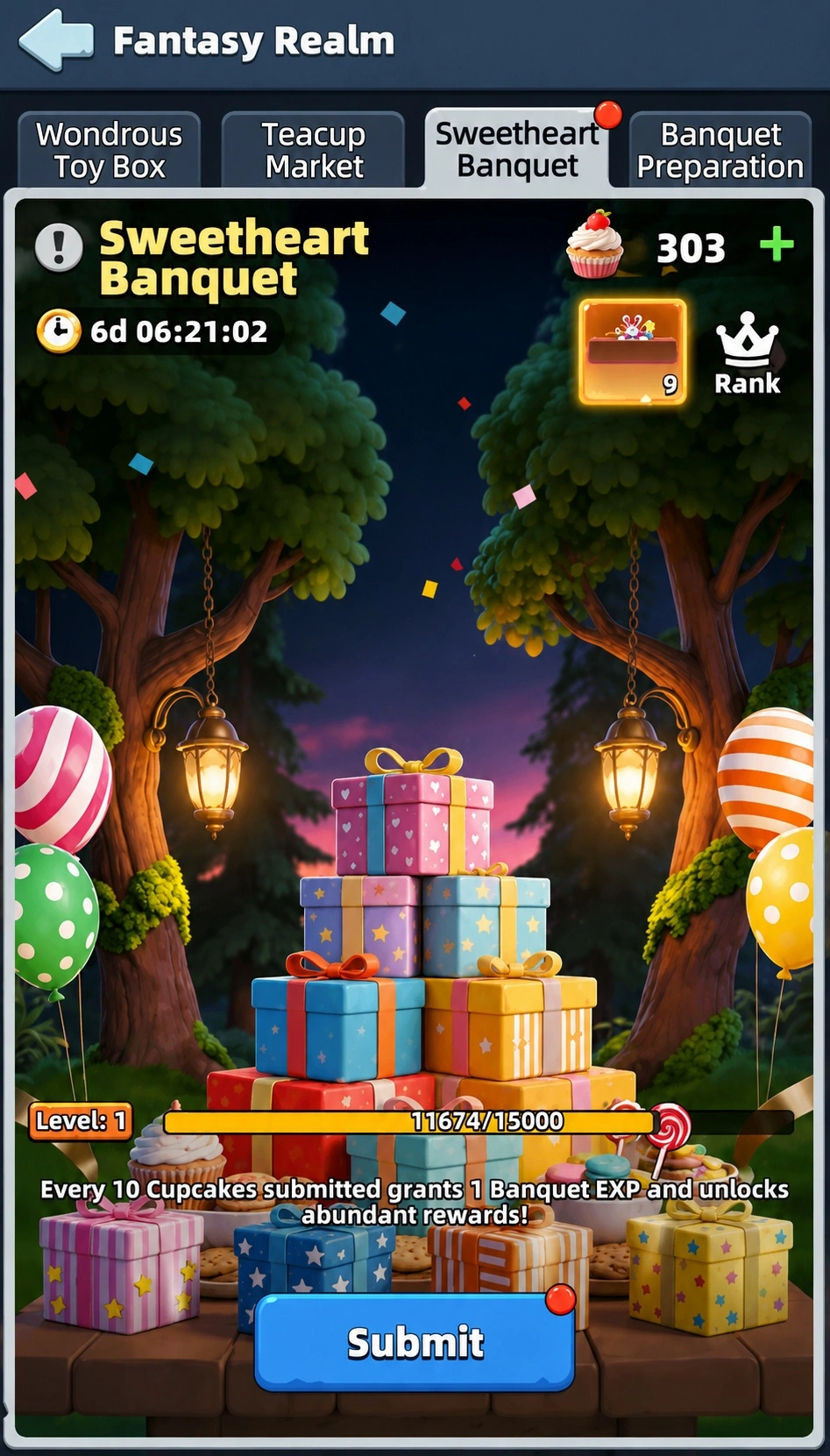Sweetheart Banquet в Fantasy Realm с прогрессом сервера и кексами