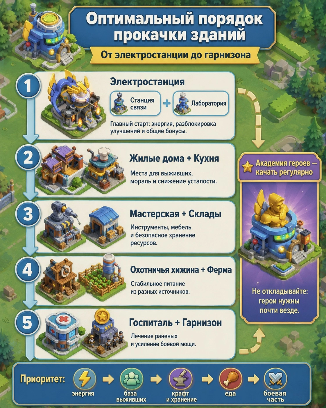 Оптимальный порядок прокачки зданий в Tiles Survive от электростанции до гарнизона