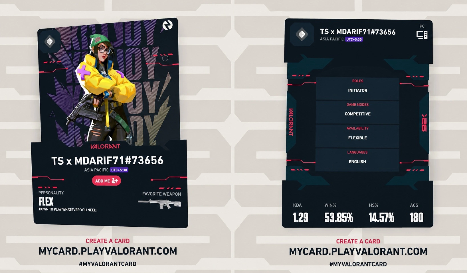 My VALORANT Card показывает ранг, роли и стиль игры для поиска тиммейтов