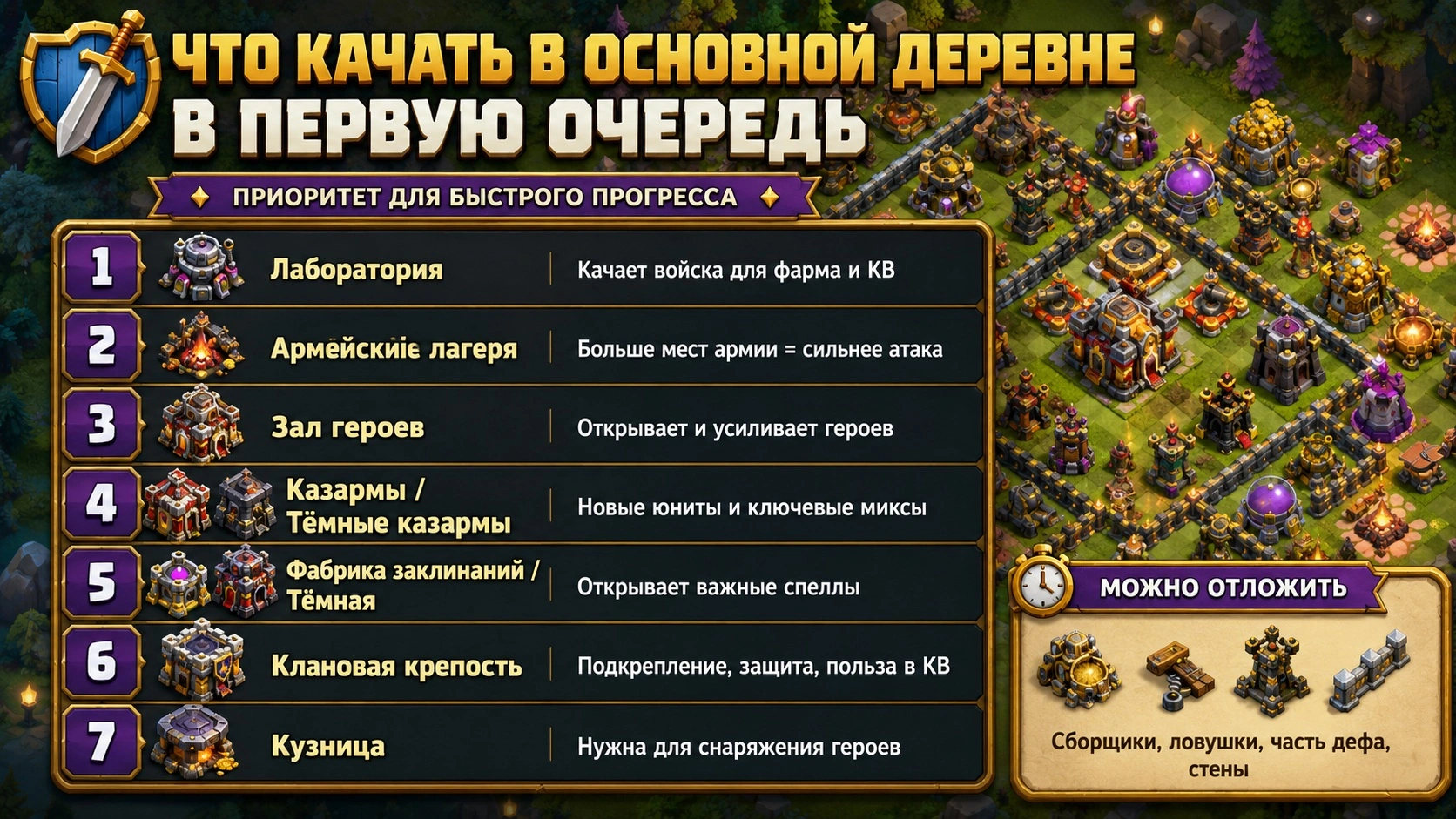 Основные здания Clash of Clans для прокачки героев, войск и снаряжения