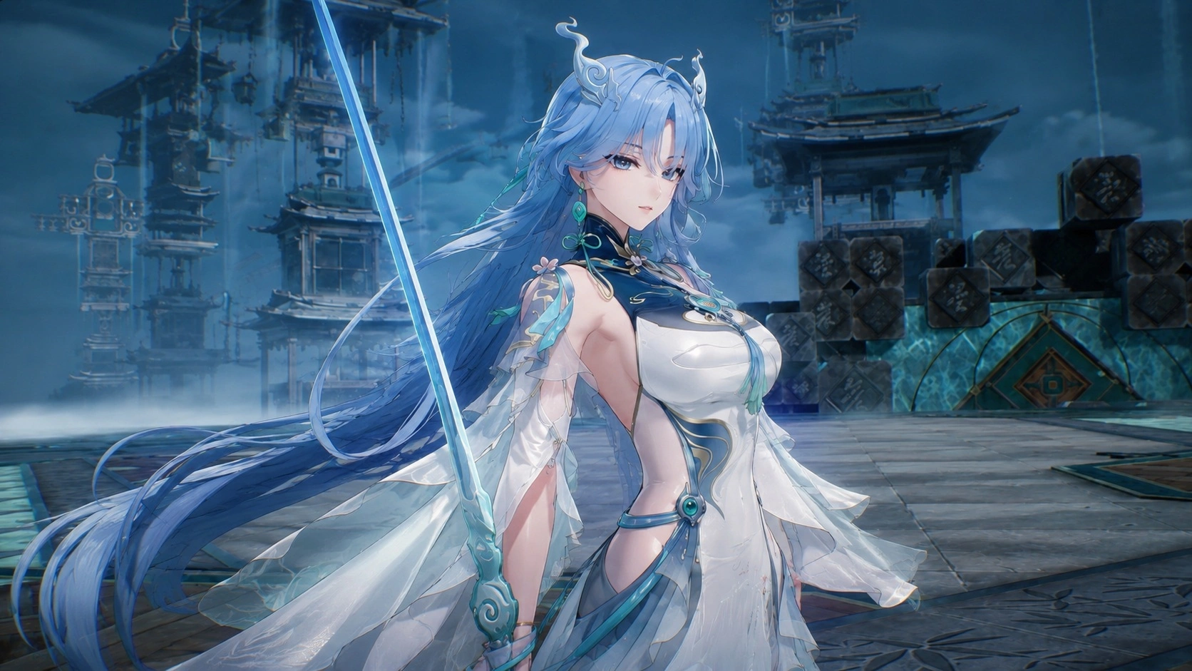 Qingxiao в Wuthering Waves как белая мечница в стиле уся